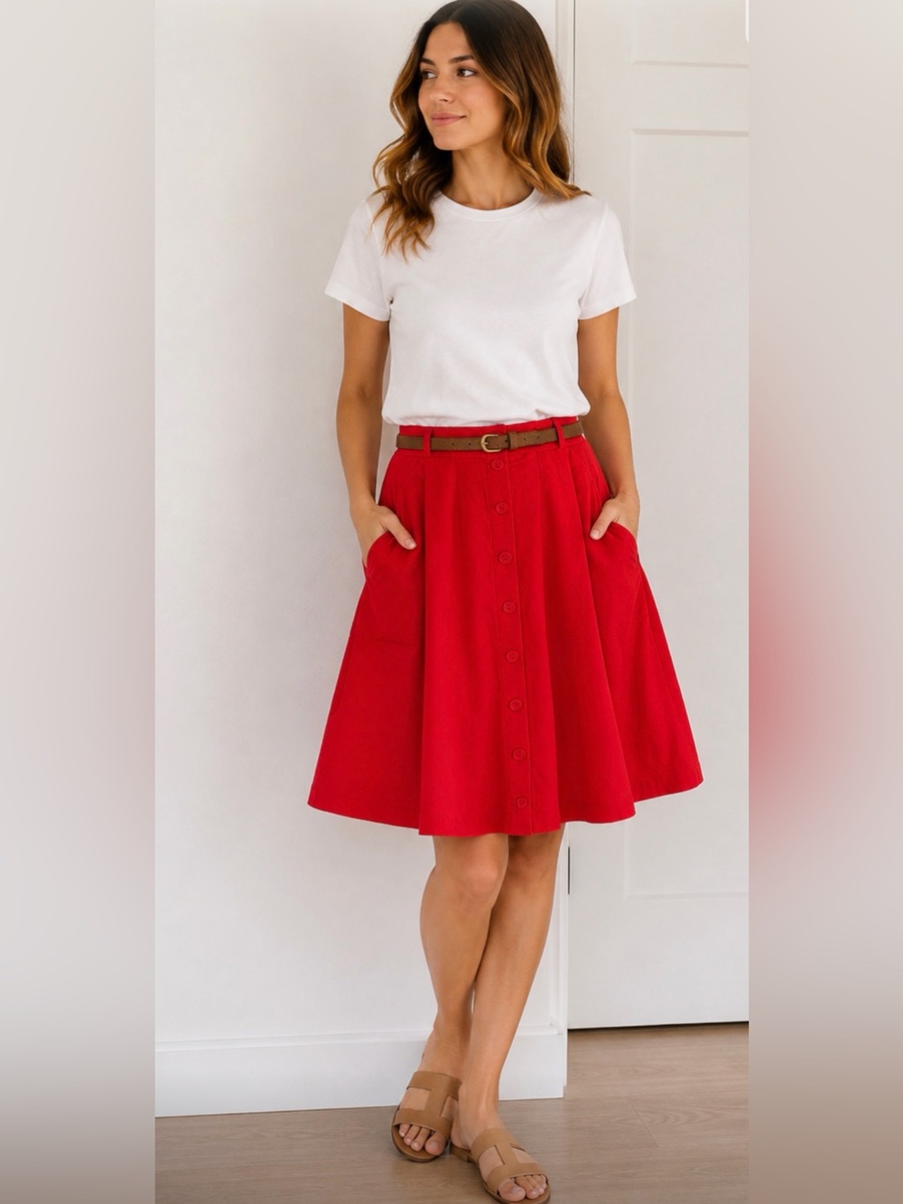 Red Button-Front Skirt with Belt